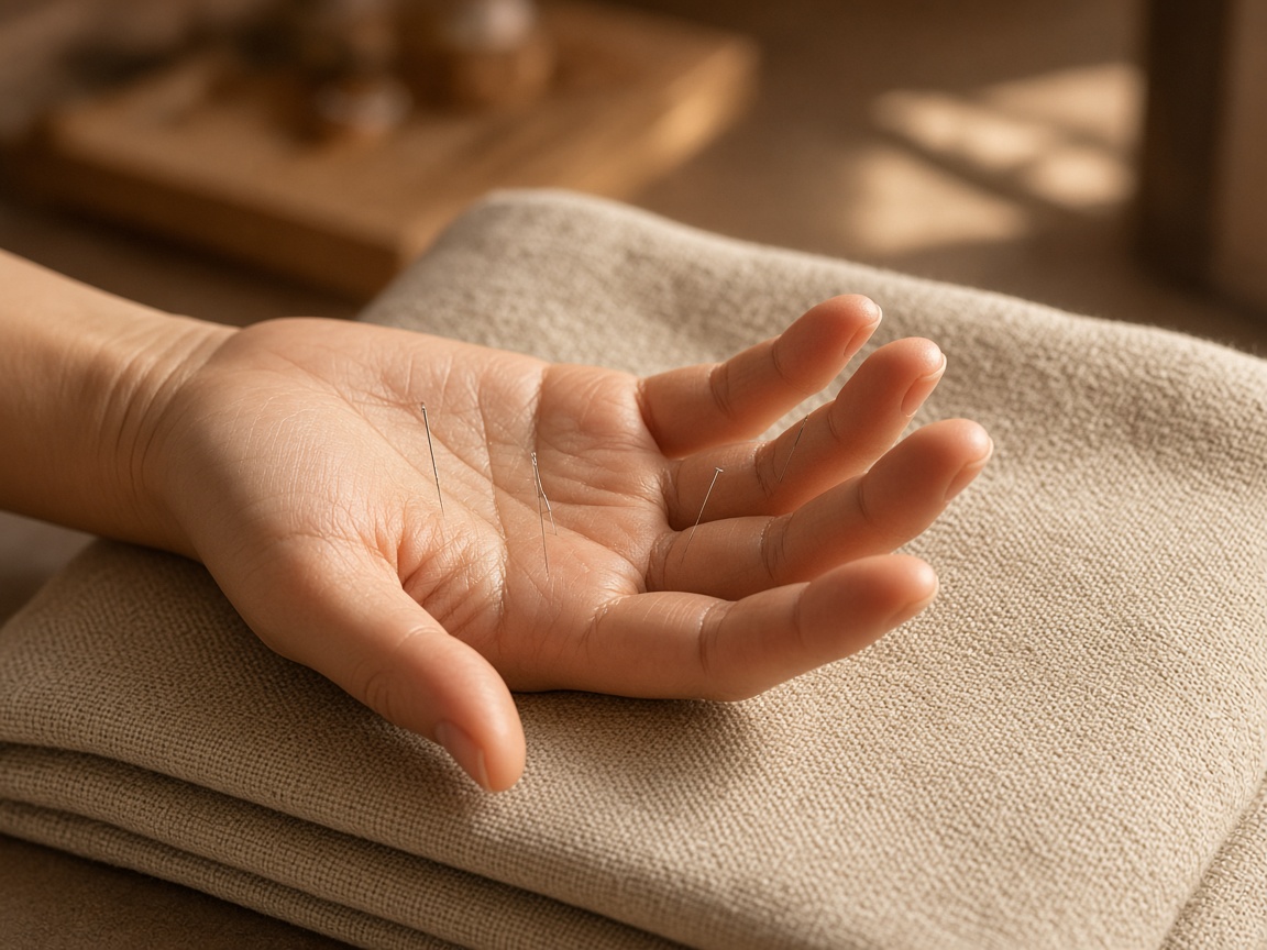 Fine acupuncture needles placed along the palm and fingers during hand acupuncture