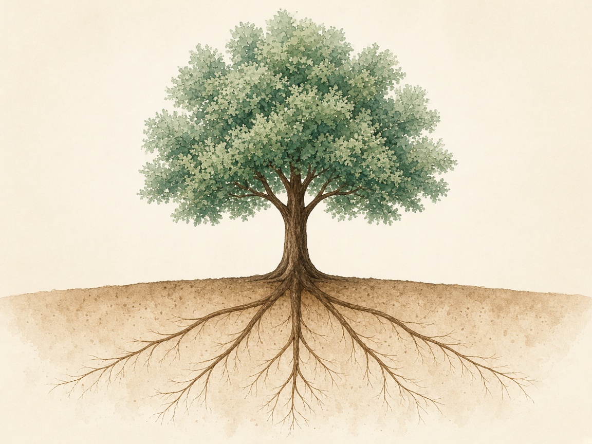 Illustration of a tree. The canopy is presenting health. The five roots are where treatment begins: pain, women's health, stress, gut, and cosmetic care.